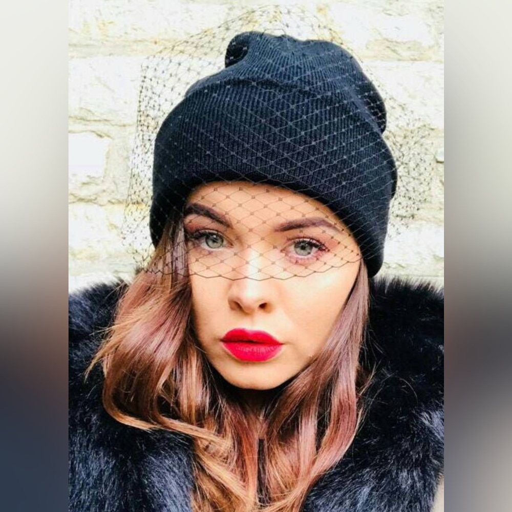 Black Veil Clip on Crochet Knit Beanie